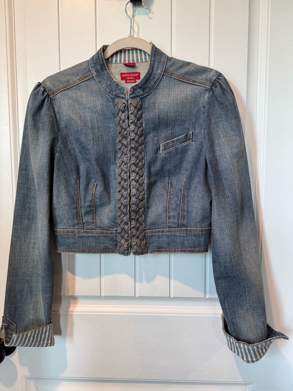 Guess Light Blue Braided Front Cropped Denim Jacket